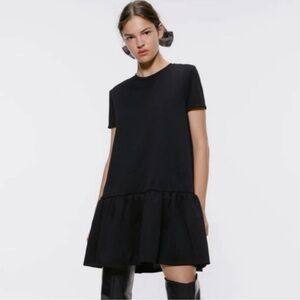 Zara Black Oversized Ruffle Flounce Hem Short Sleeve T-Shirt Dress• Small